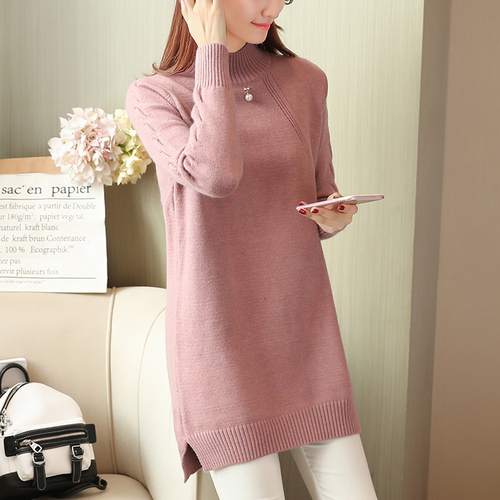 Autumn and winter medium long knitted pullover solid color women's thickened sweater winter loose long sleeve bottoming blouse