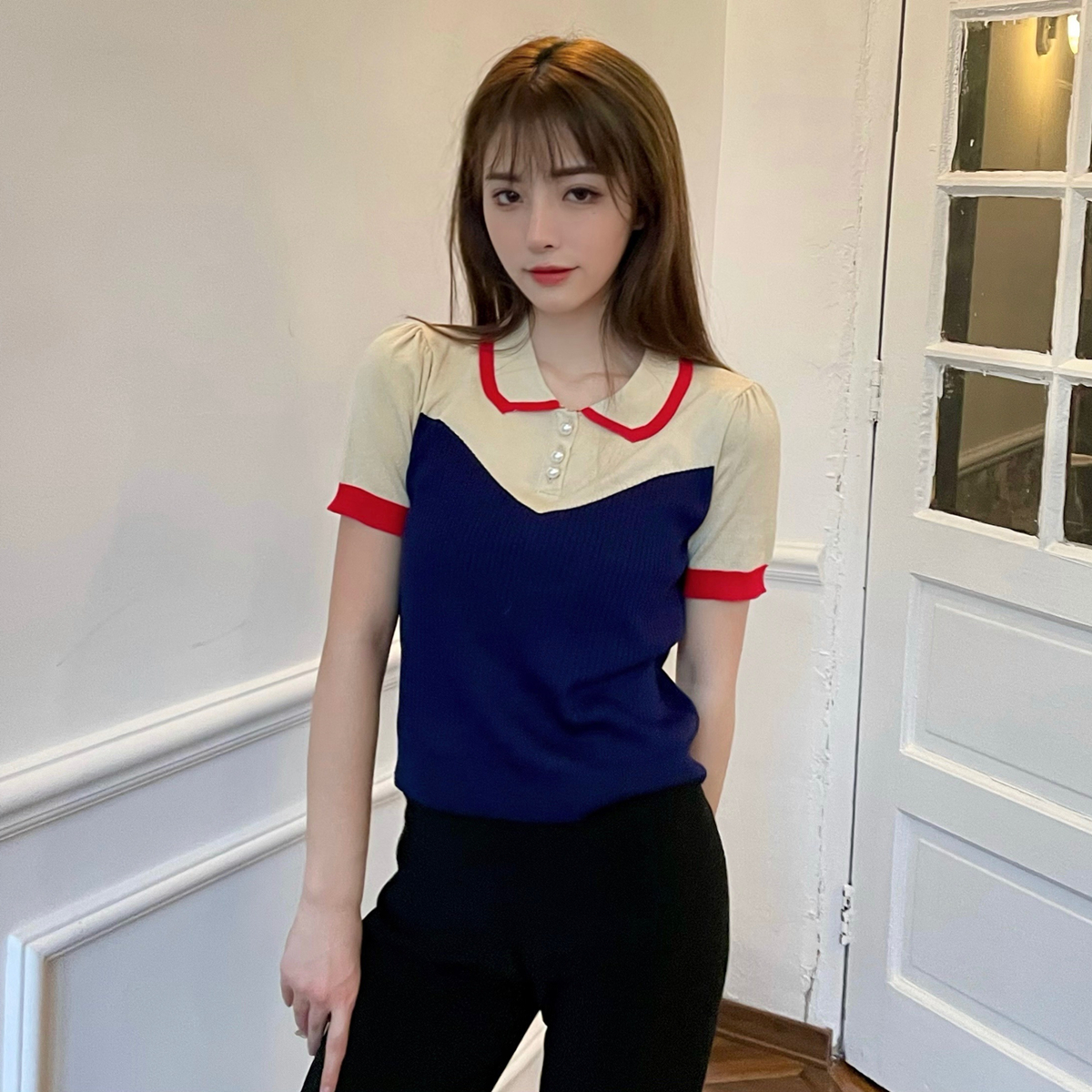 Real price real shot women's wear 2021 summer new Korean style knitted shirt short sleeve polo collar women's wear