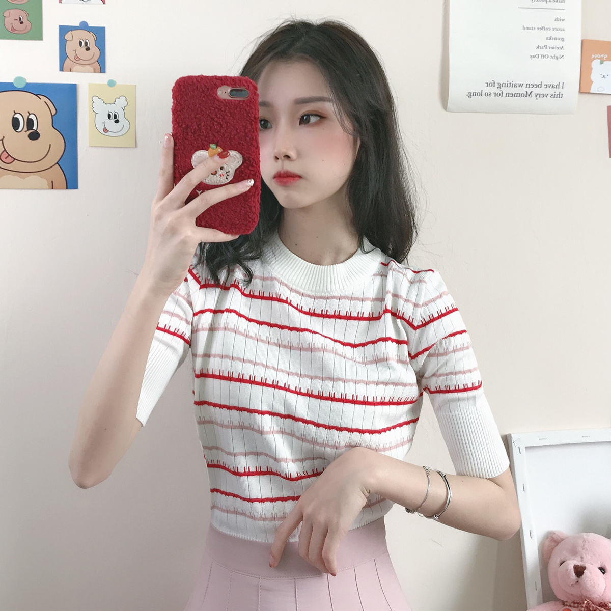 Real price 2021 summer new Korean slim round neck stripe short sleeve top knitted T-shirt