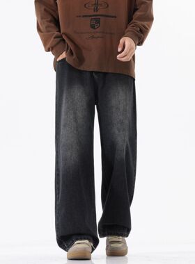 DL brand美式潮流半松紧腰牛仔裤男ins青少年百搭阔腿直筒休闲裤