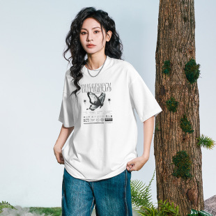 纯棉重磅圆领上衣半袖 T恤男夏季 潮牌印花黑白色短袖 brand美式