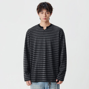 brand春秋时尚 拼接圆领打底衫 百搭条纹T恤打底衫 T恤男士 长袖