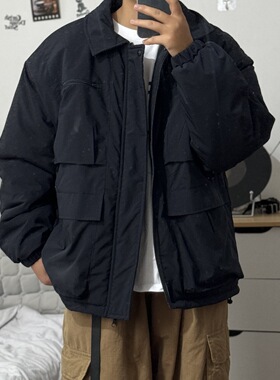 DL brand秋冬日系复古纯色多口袋工装棉衣潮流保暖小个子棉服外套