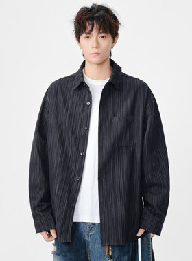 DL brand春秋新款宽松百搭潮牌长袖衬衫休闲上衣外套男潮流黑色衬