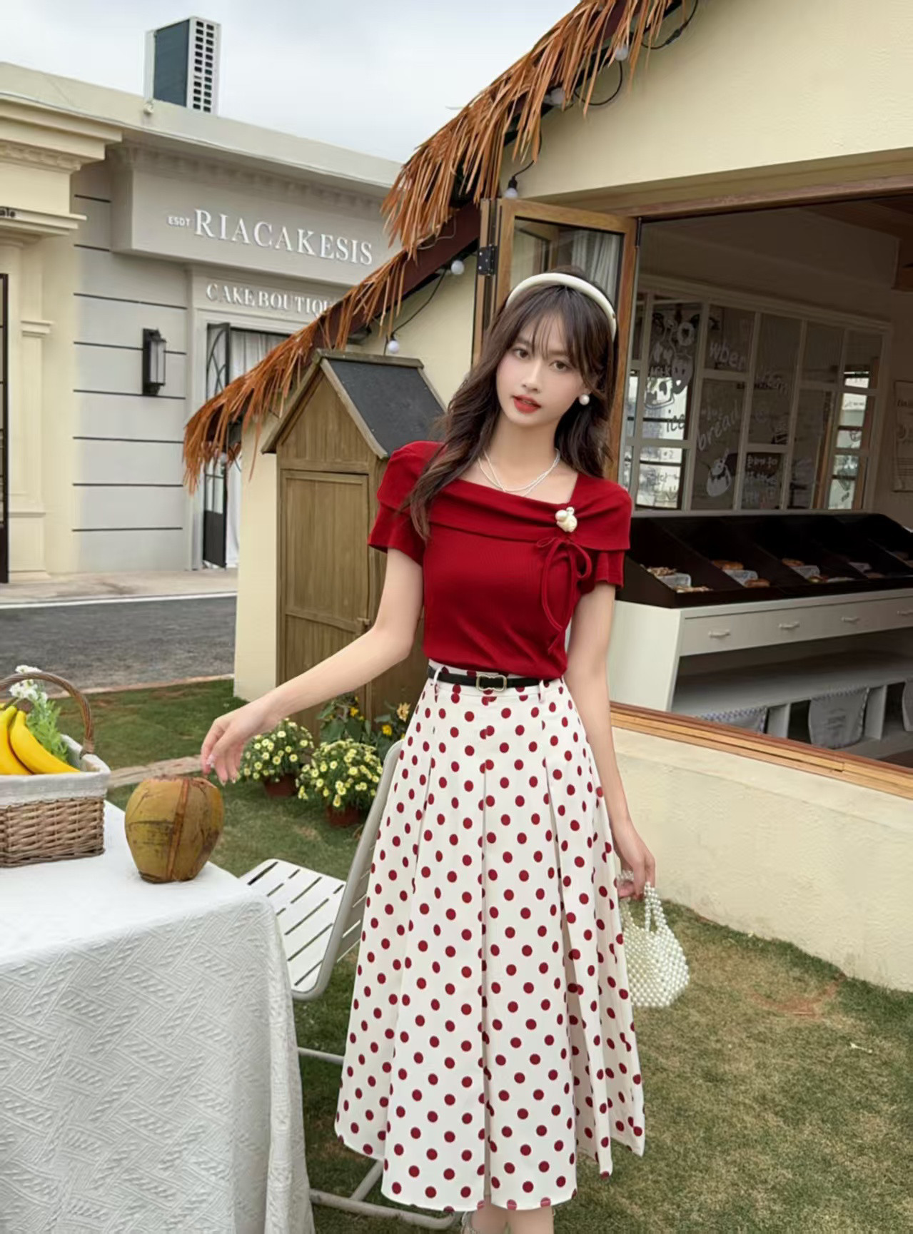 商场同款修身短袖上衣波点印花半身裙套装女春季新款两件套裙子