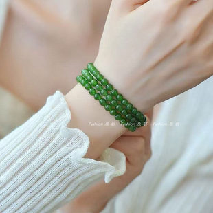 和田碧玉菠菜绿翡翠阳绿色三圈两圈4mm6毫米小圆珠手链石英玉手串