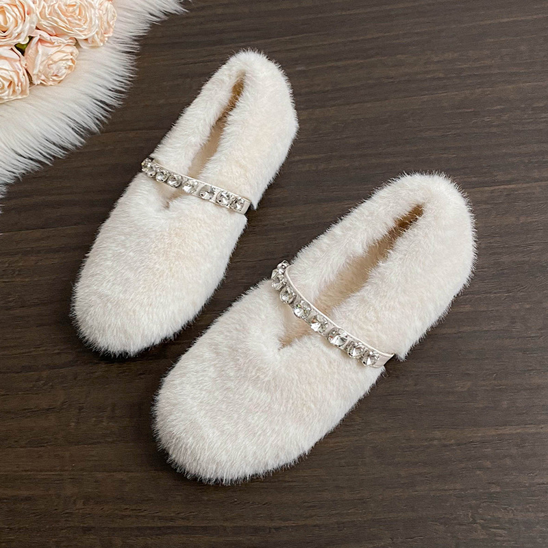 玛丽珍平底毛毛鞋水钻一脚蹬时尚