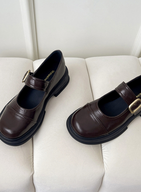 乐福鞋女2024新款时尚英伦小皮鞋女复古一字带浅口黑色厚底乐福鞋