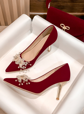 2024年春季新款红色尖头高跟鞋女细跟新娘鞋女士大码时尚单鞋婚鞋