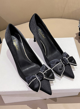 尖头细跟浅口绸缎新款黑色高跟鞋百搭欧美时尚通勤职业工作女单鞋