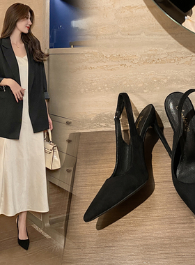 2024新款后空高跟鞋细跟尖头浅口包头后绊带绒面黑色通勤夏季凉鞋