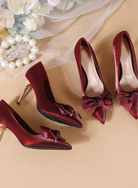 2024年新款红色蝴蝶结婚鞋百搭外穿秀禾鞋法式伴娘高跟单鞋大小码