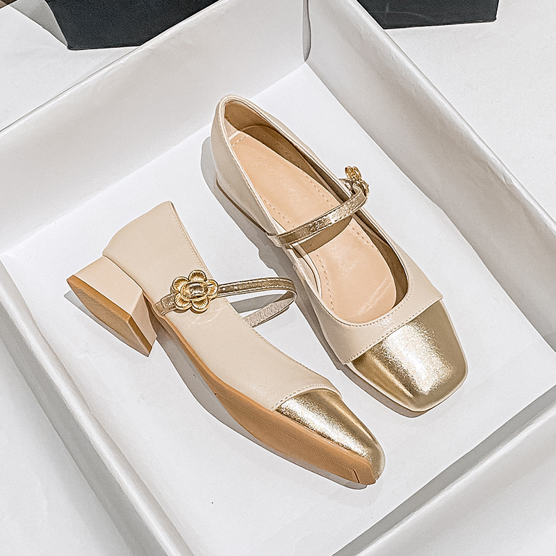 玛丽珍真皮一字带浅口显瘦粗跟