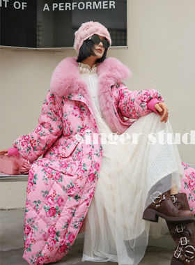 原创设计女装2025年冬季新款大毛领印花白鸭绒女装羽绒服251P283