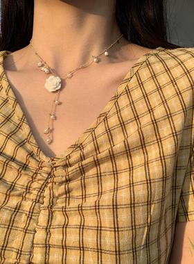 超仙花朵项链轻奢小众设计感珍珠吊坠choker颈链气质长款锁骨链女