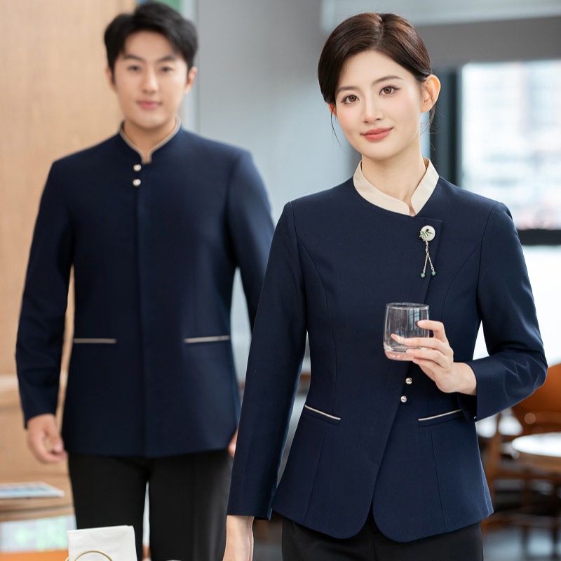 新中式茶楼餐厅酒店餐饮服务员工作服女饭店员工装男长袖秋冬套装