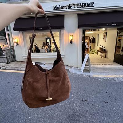 韩国代购小众lememe 大容量牛皮单肩斜挎手提腋下托特包 麂皮hobo