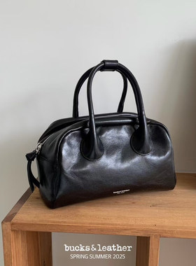 韩国代购小众bucks leather 新款羊皮单肩斜挎手提包保龄球包大号