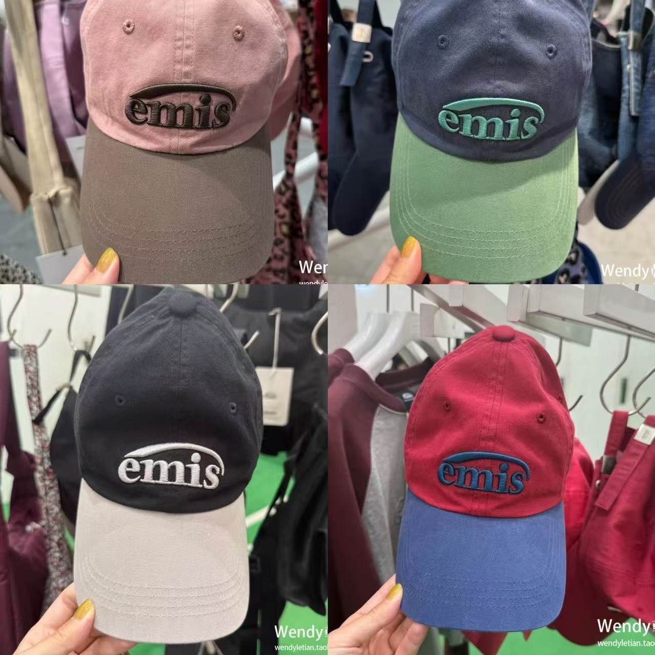 韩国代购小众emis 新款水洗彩标拼接字母刺绣棒球帽 帽子鸭舌帽