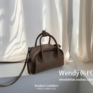 新款 leather 牛皮单肩斜挎手提包保龄球包小号 小众bucks 韩国代购