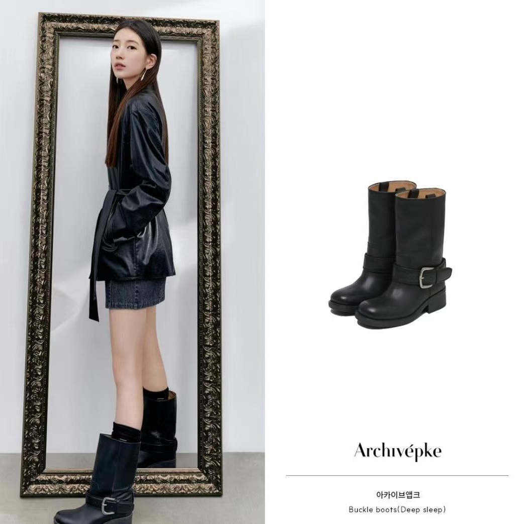 韩国代购小众archivepke 搭扣皮带中筒皮靴女靴靴子骑士靴 秀智
