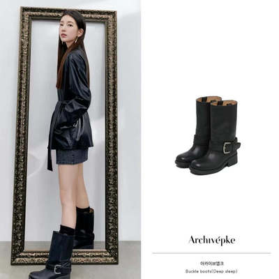 韩国代购小众archivepke 搭扣皮带中筒皮靴女靴靴子骑士靴 秀智