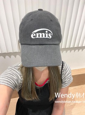 ～韩国代购小众设计师emis 字母刺绣多巴胺炭灰色棒球帽