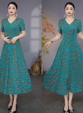 【衣雅优选】8124-3021夏季新款气质显瘦高定大摆型V领短袖连衣裙