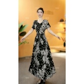 新款 弹力缎面气质高腰系带大摆连衣裙 1966 夏季 衣雅优选 8068