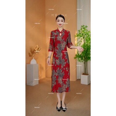 中袖侧开衩旗袍连衣裙