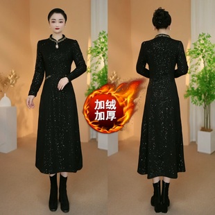 【衣雅优选】8127-2540#加绒加厚罗马锦棉花边显瘦水滴领旗袍裙