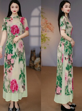 【衣雅优选】8082-3202#新品定制款牡丹花旗袍加半身裙两件套