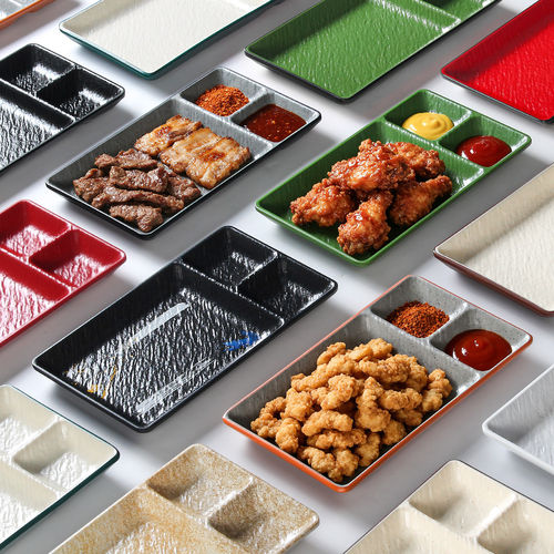密胺餐具盘子长方形分格小吃盘商用火锅自助餐烤肉刺身摆盘
