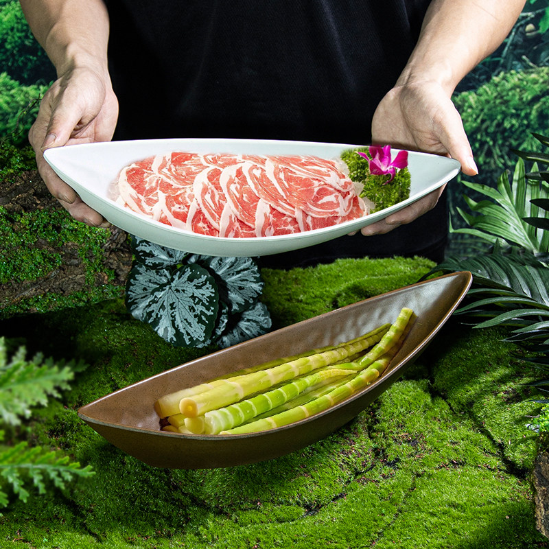 网红山野火锅餐具牛肉盘竹笋盘火锅配菜盘创意异形翘角盘商用密胺