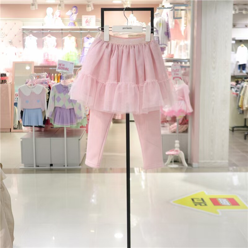 儿童秋冬款女童休闲百搭打底裤粉色纱摆加绒裙裤