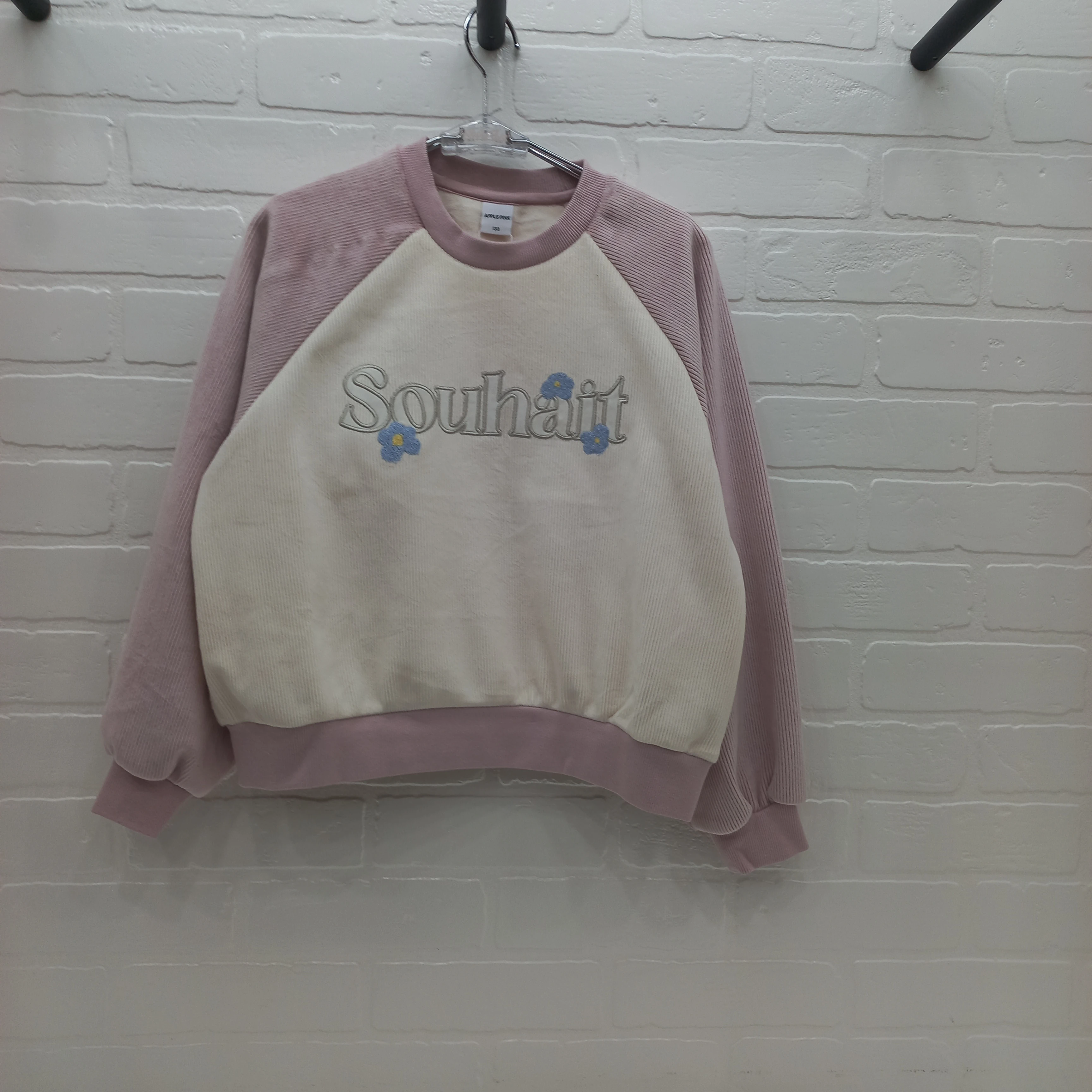 出口韩国AP品牌童装 中大童冬季女童条绒粉袖白身圆领加绒卫衣