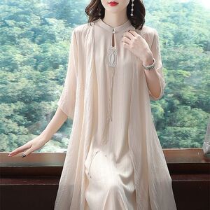 2023春装两件套汉服中长裙中国风女复古气质旗袍改良版纺纱连衣裙
