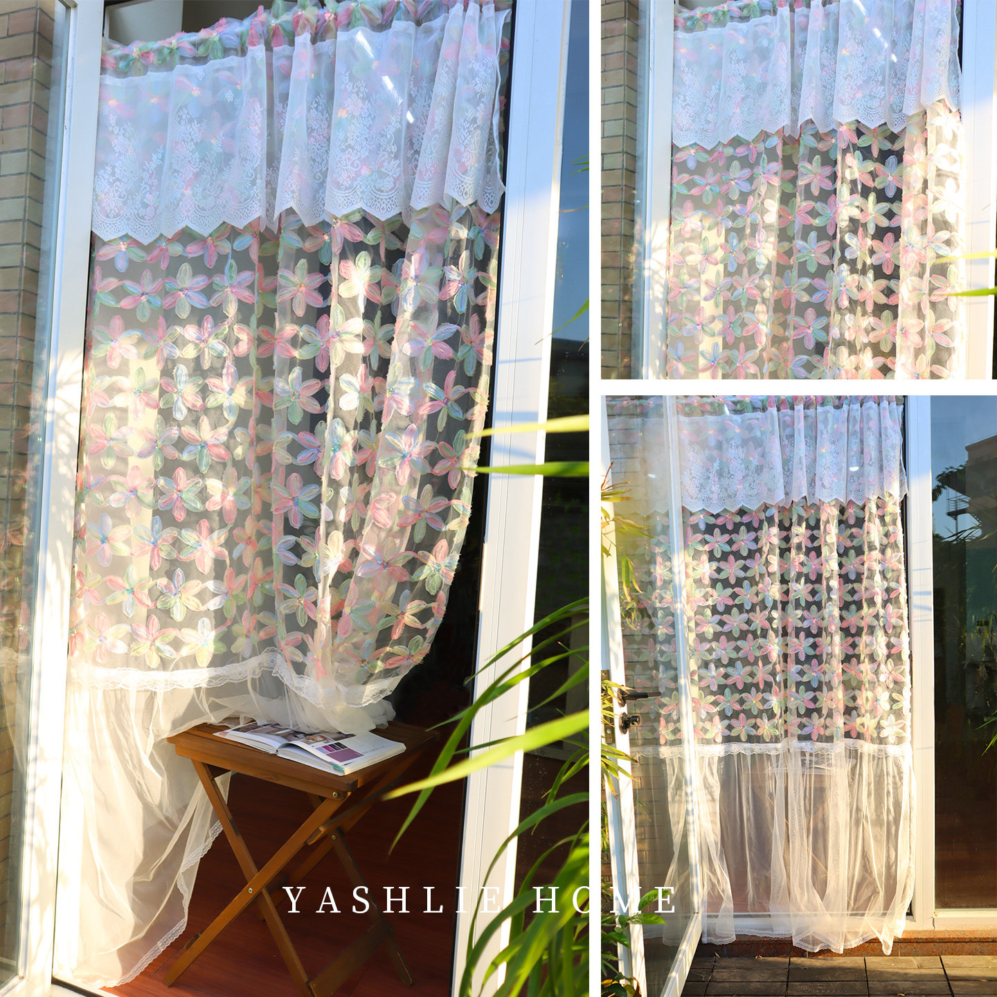 YASHLIE | 法式彩虹花朵蕾丝纱帘拼接公主风长款隔断帘免打孔门帘