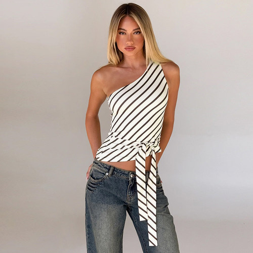 法式简约条纹斜肩系带背心上衣