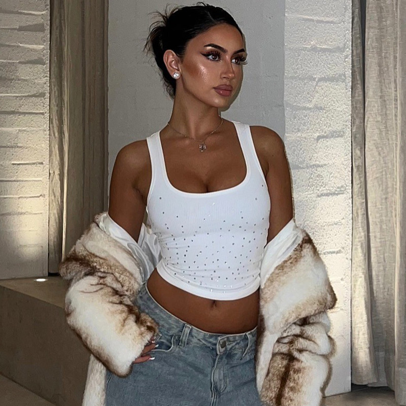 纯色高级感烫钻方领吊带背心