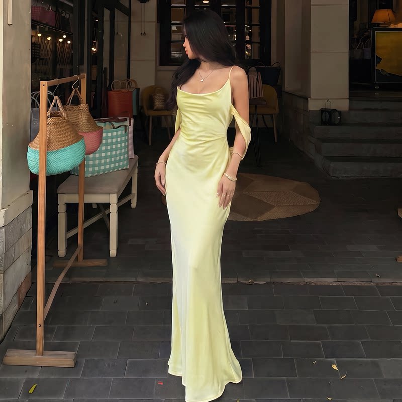 缎面高级感纯色荡领吊带连衣裙辣妹性感露背交叉绑带包臀鱼尾长裙