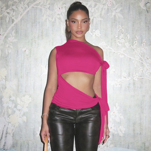 欧美ins时尚设计感斜肩绑带上衣