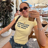 T恤 复古运动风简约字母印花圆领短袖 辣妹修身 新款 潮 上衣2026夏季