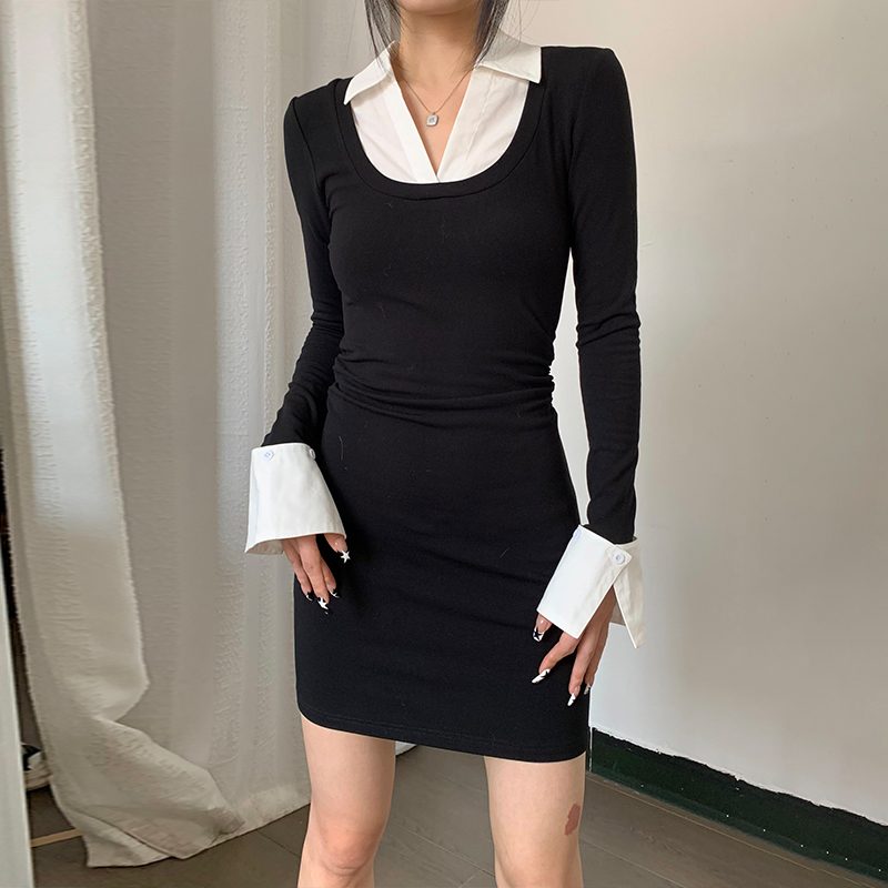 美式复古学院风V领拼接假两件长袖连衣裙秋冬新款加绒保暖短裙 潮