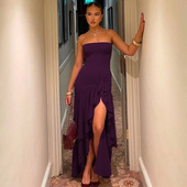 辣妹修身 性感紫色荷叶边高开叉抹胸连衣裙2026夏季 新款 显瘦长裙女