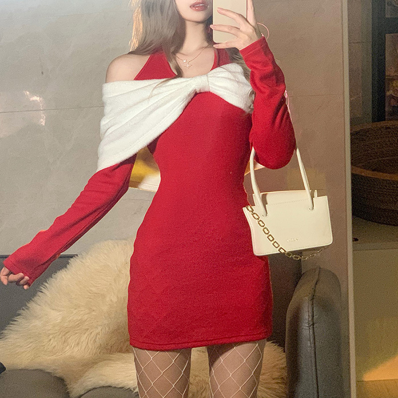 圣诞温柔长袖连衣裙辣妹显瘦短裙