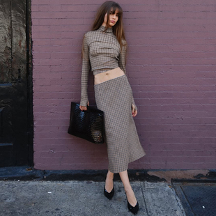 套装 美式 包臀半身裙两件套辣妹时尚 半高领上衣 复古格纹印花长袖