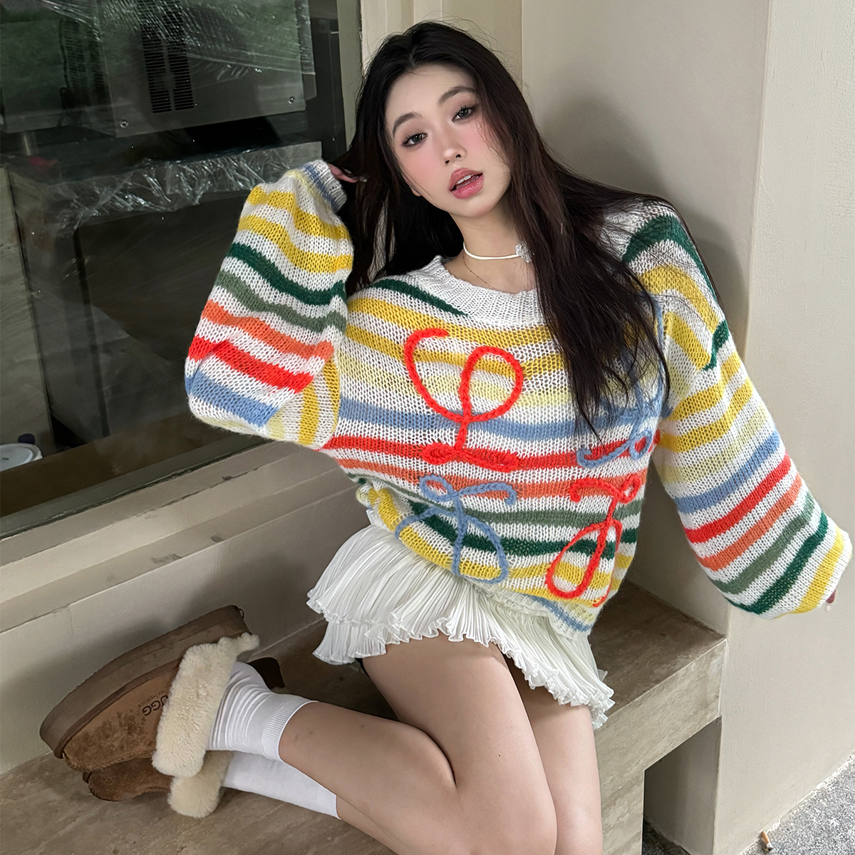 学院风彩虹条纹针织毛衣