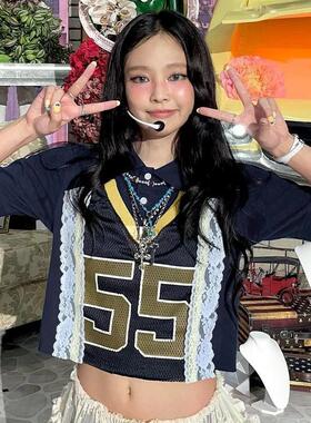 jennie金智妮同款POLO领短袖T恤白色蕾丝拼接字母印花休闲上衣 女