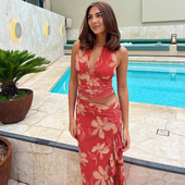 辣妹露腰斜开叉长裙 度假风花卉印花V领挂脖连衣裙2026夏季 新款 女